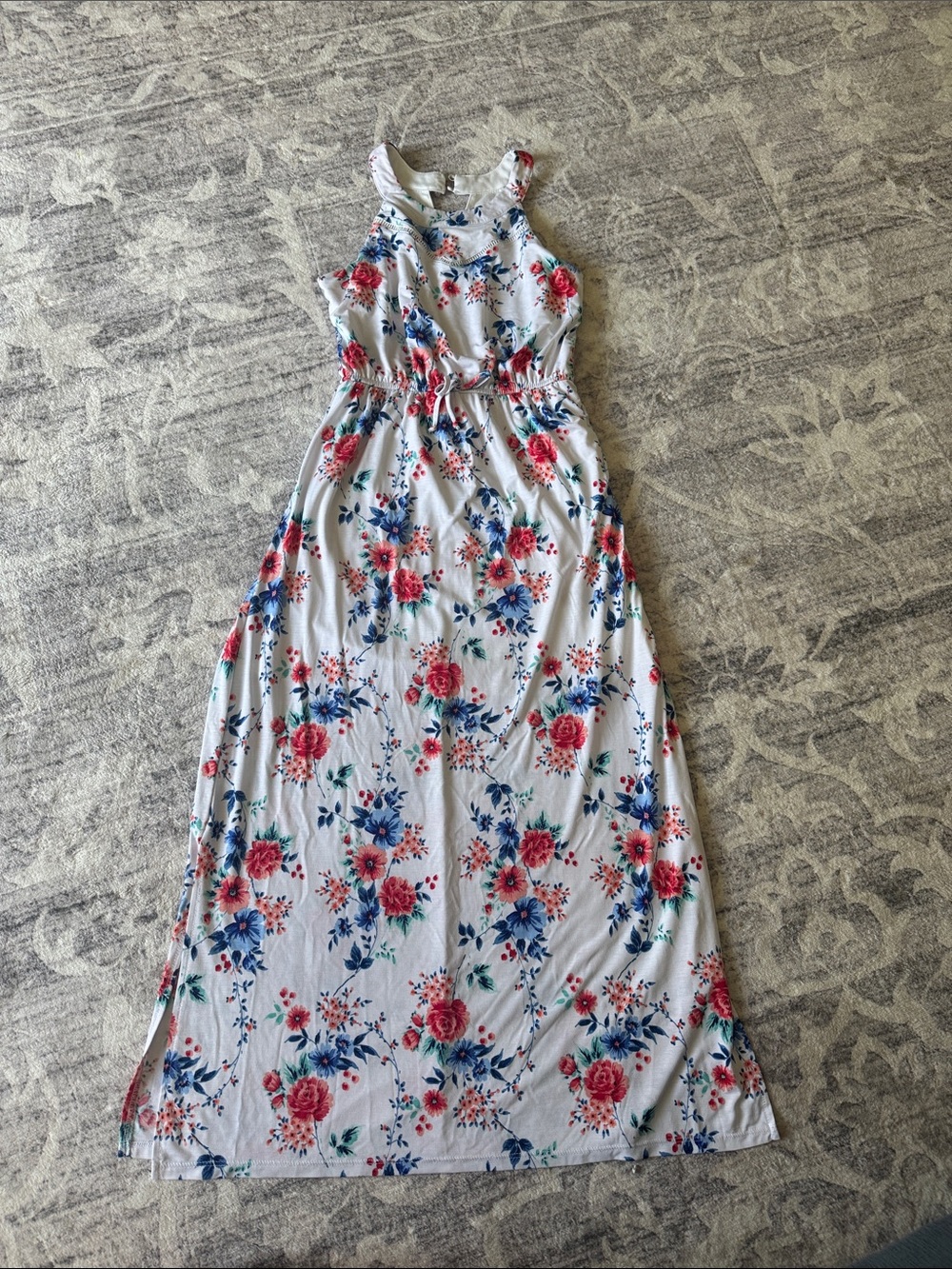 Three Hearts White Maxi Dress with Pink & Blue Floral Print